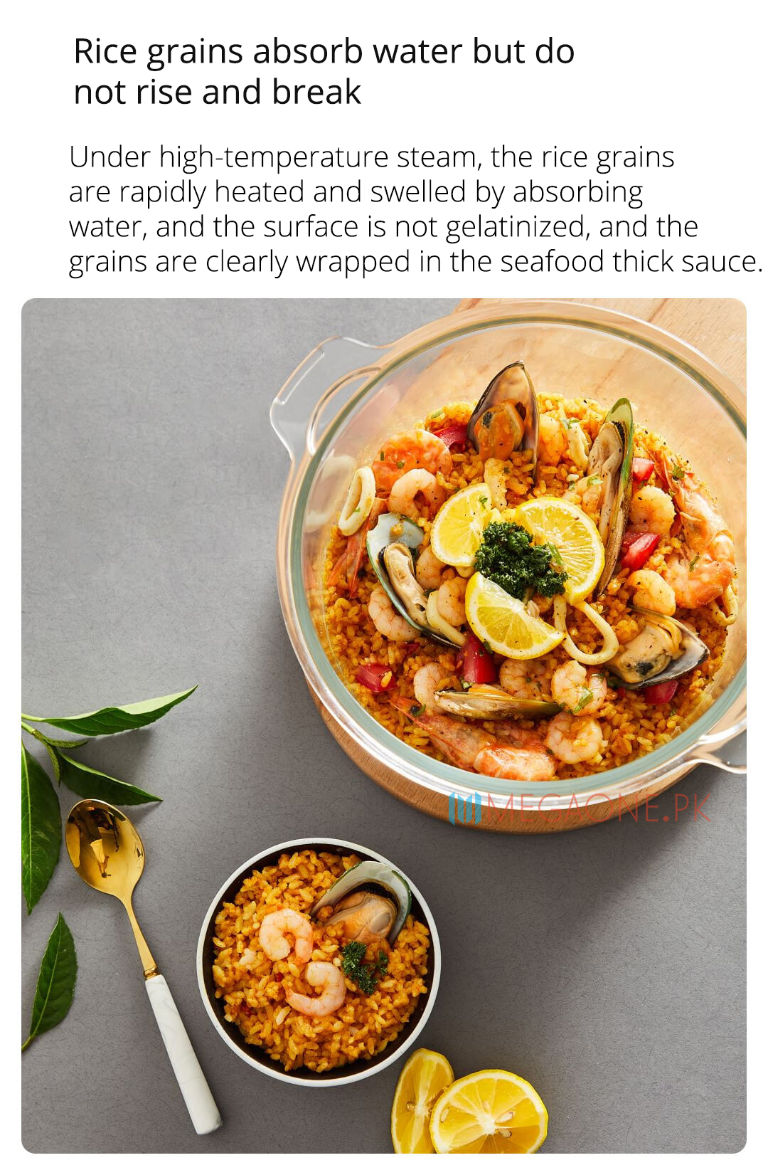 Under high-temperature steam, the rice grains are rapidly heated and swelled by absorbing water, and the surface is not gelatinized, and the grains are clearly wrapped in the seafood thick sauce.