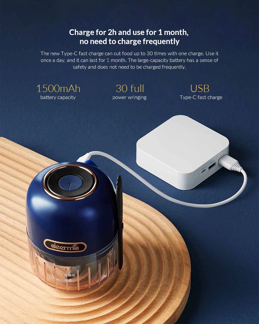 Charge for 2h and use for 1 month, no need to charge frequently The new Type-C fast charge can cut food up to 30 times with one charge. Use it once a day, and it can last for 1 month. The large-capacity battery has a sense of safety and does not need to be charged frequently.