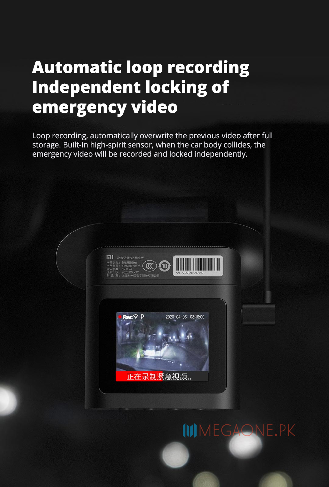 Loop recording, automatically overwrite the previous video after full storage. Built-in high-spirit sensor, when the car body collides, the emergency video will be recorded and locked independently.