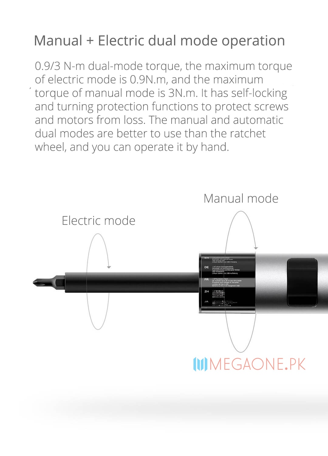 0.9/3 N-m dual-mode torque, the maximum torque of electric mode is 0.9N.m, and the maximum torque of manual mode is 3N.m. It has self-locking and turning protection functions to protect screws and motors from loss. The manual and automatic dual modes are better to use than the ratchet wheel, and you can operate it by hand.