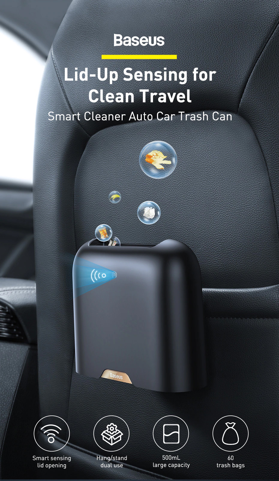 Baseus Smart Cleaner Auto Car Trash Can Lid-Up Sensing for Clean Travel