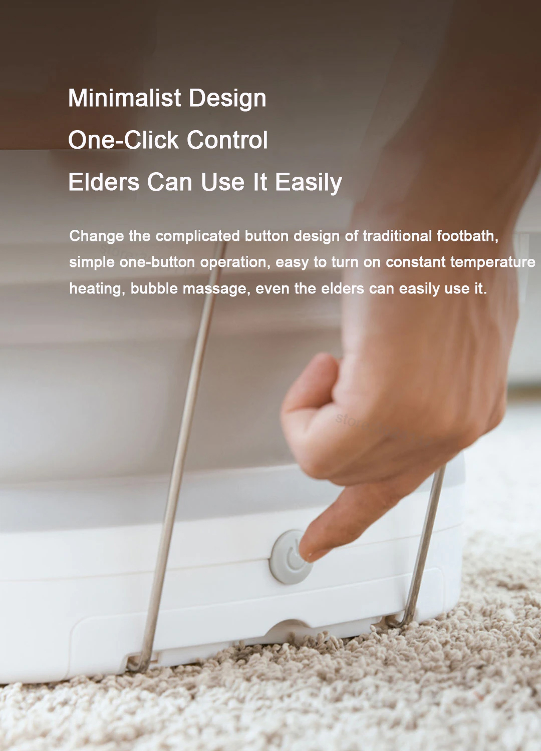 Minimalist Design One-Click Control Elders Can Use It Easily Change the complicated button design of traditional foot bath, simple one-button operation, easy to turn on constant temperature heating, bubble massage, even the elders can easily use it.